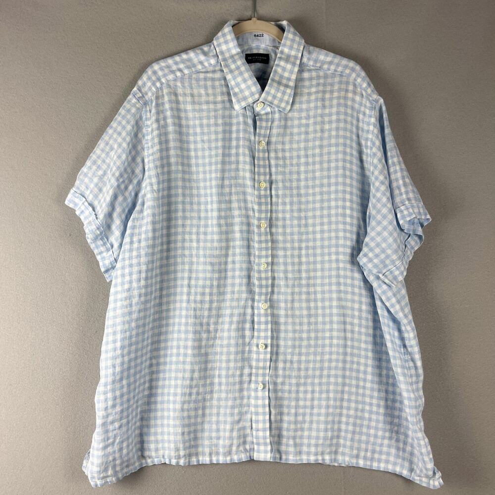 Proper Cloth Linen Shirt Mens 4XL Blue Check Short Sleeve Button Up Relaxed FLAW